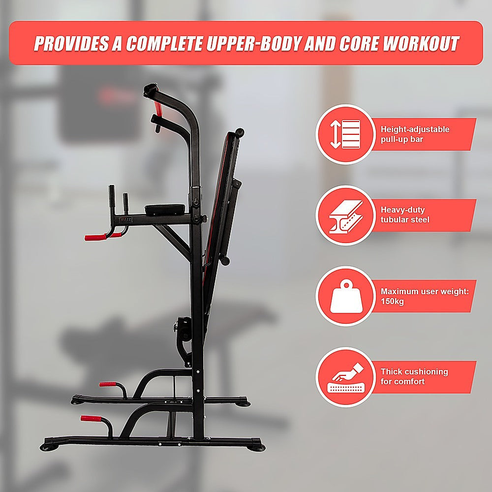 Power Tower multi-station gym equipment with pull-up bar, dip station, weight bench, and chin-up bars for home fitness workouts