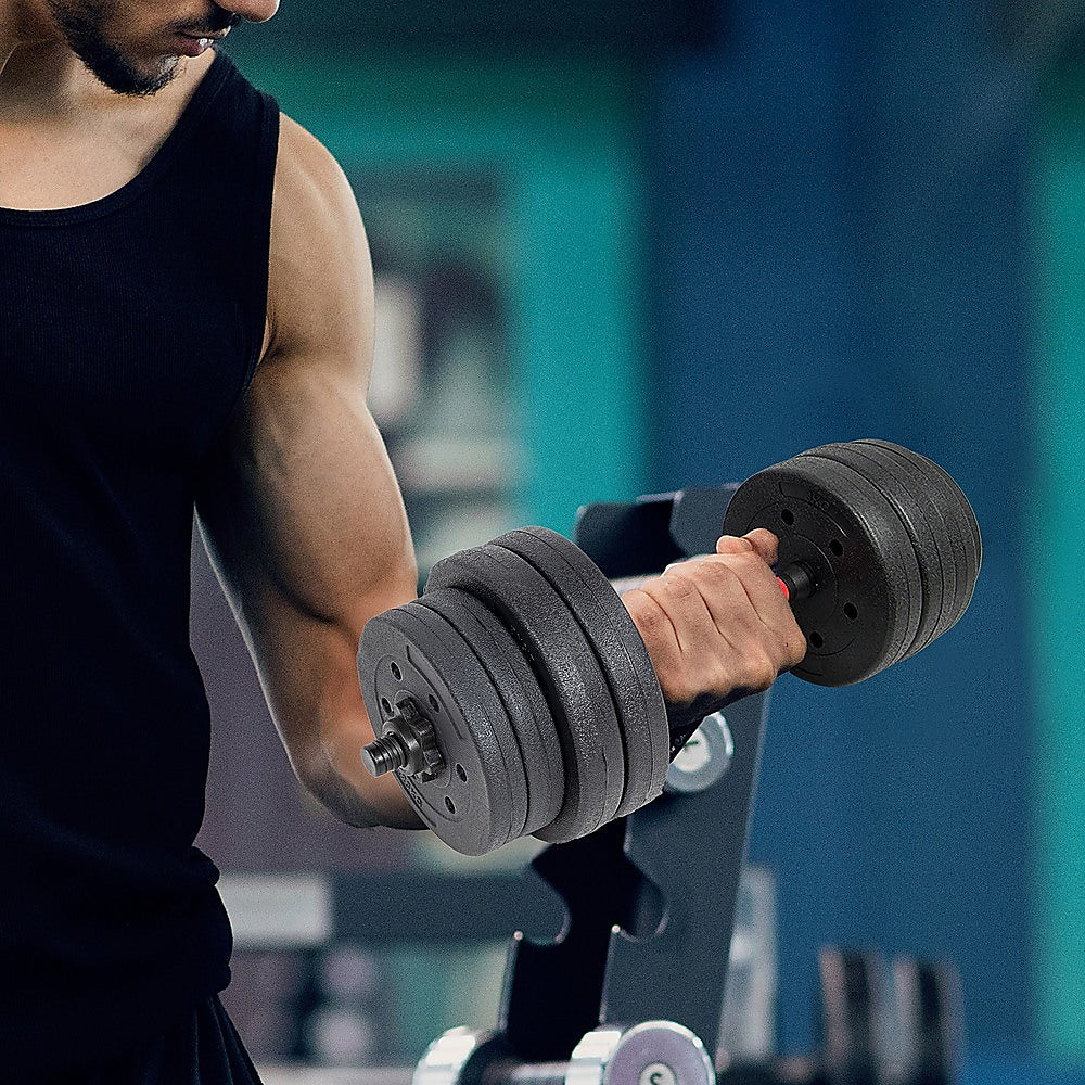 20kg dumbbell set with adjustable weights and bar for home gym fitness exercises, featuring plates and sturdy construction.