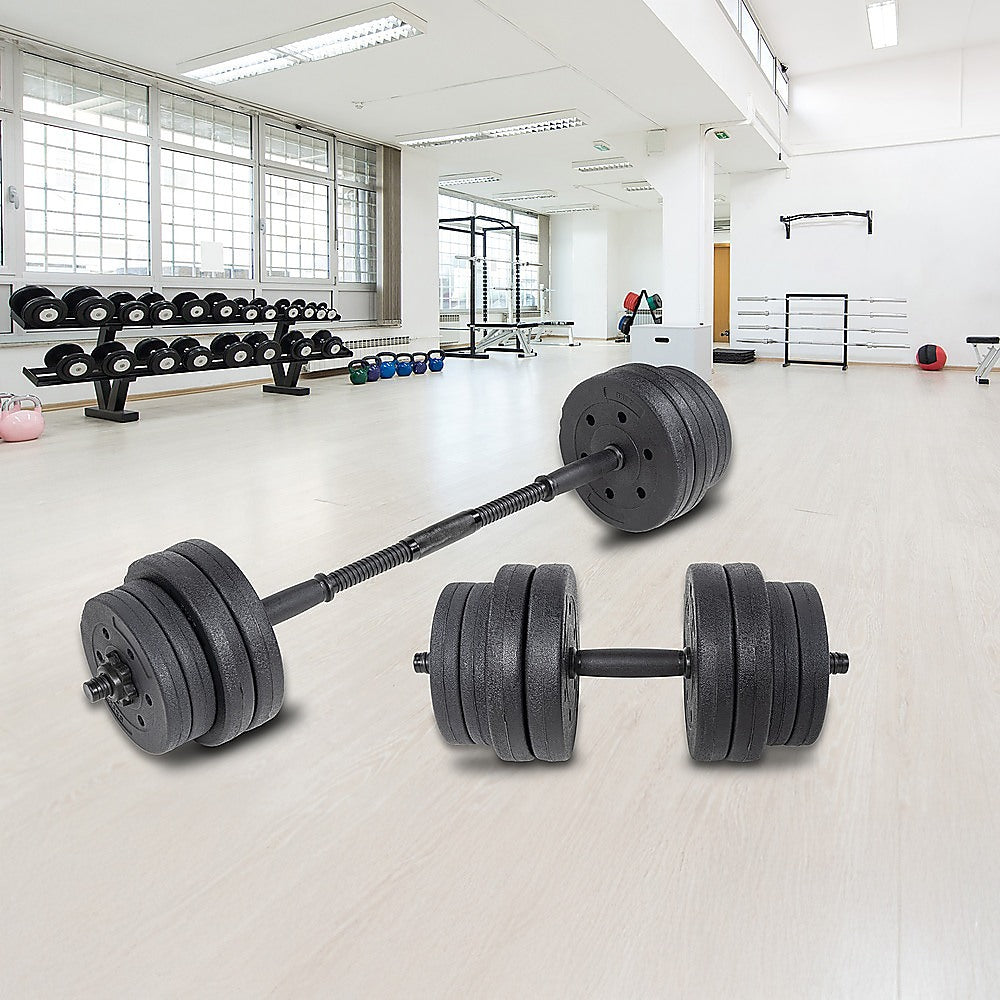20kg dumbbell set with adjustable weights and bar for home gym fitness, featuring weight plates and sturdy bars.
