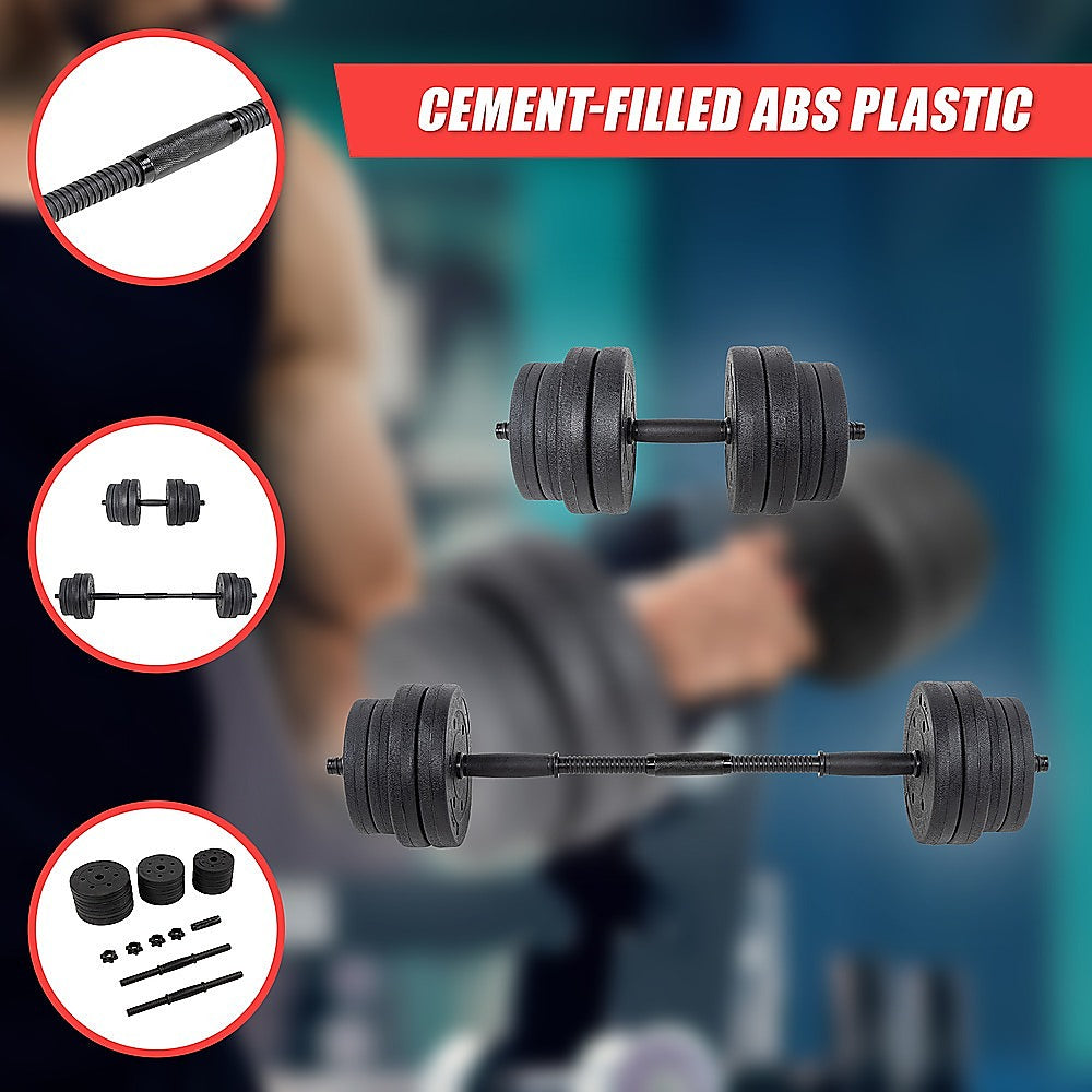 20kg dumbbell set with adjustable weights and bar for home gym fitness, featuring metal plates and handles by Online Fitness Depot.