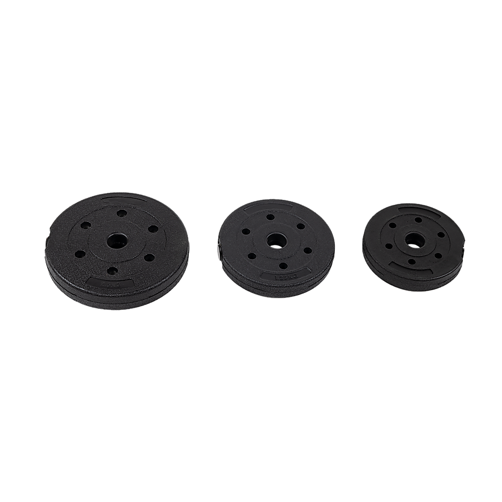 20kg dumbbell set with weight plates and bar for home gym fitness, featuring black handles and adjustable weights.