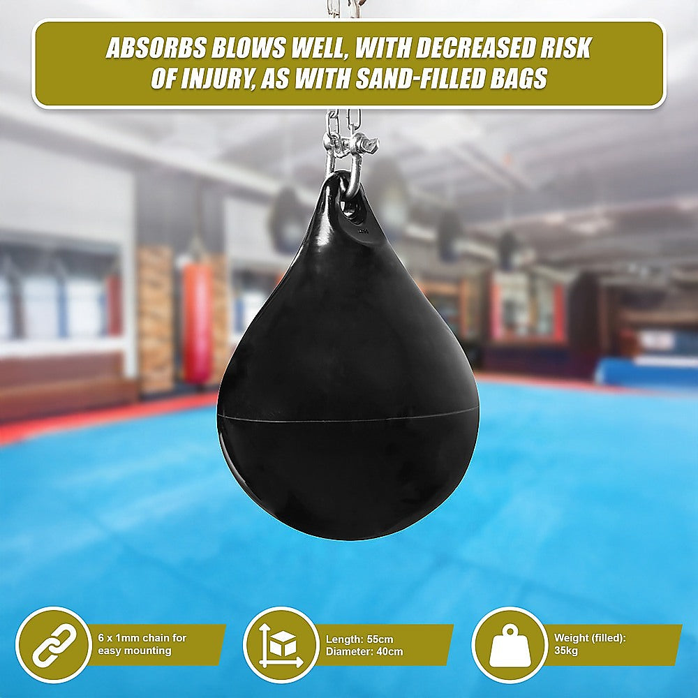 30L Aqua water punching bag with D-shackle and chain for boxing and martial arts training, made by Online Fitness Depot.