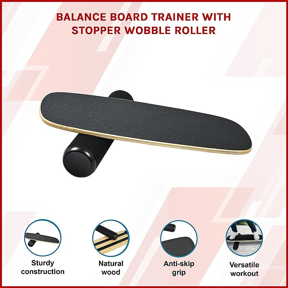 Balance board trainer with stopper and wobble roller for yoga and fitness exercises, designed for stability training by Online Fitness Depot.