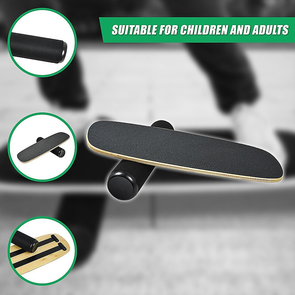Balance board trainer with stopper and wobble roller for yoga and fitness exercises, designed by Online Fitness Depot.