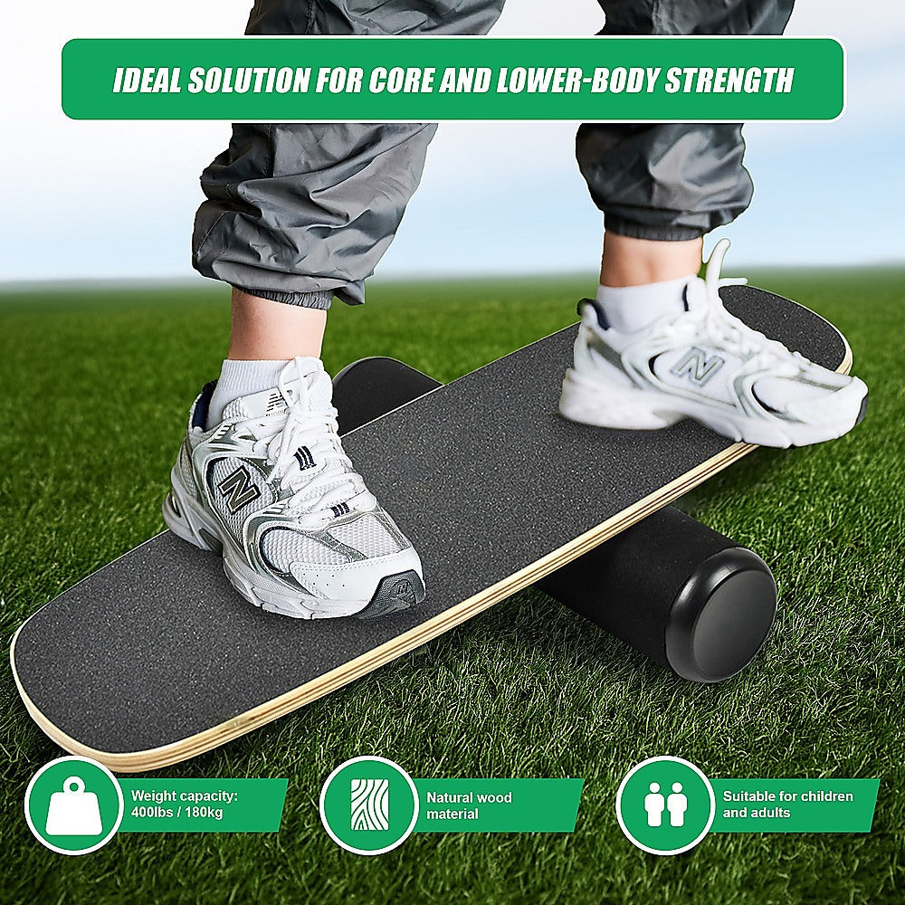 Balance board trainer with stopper and wobble roller for yoga and fitness exercises, by Online Fitness Depot.