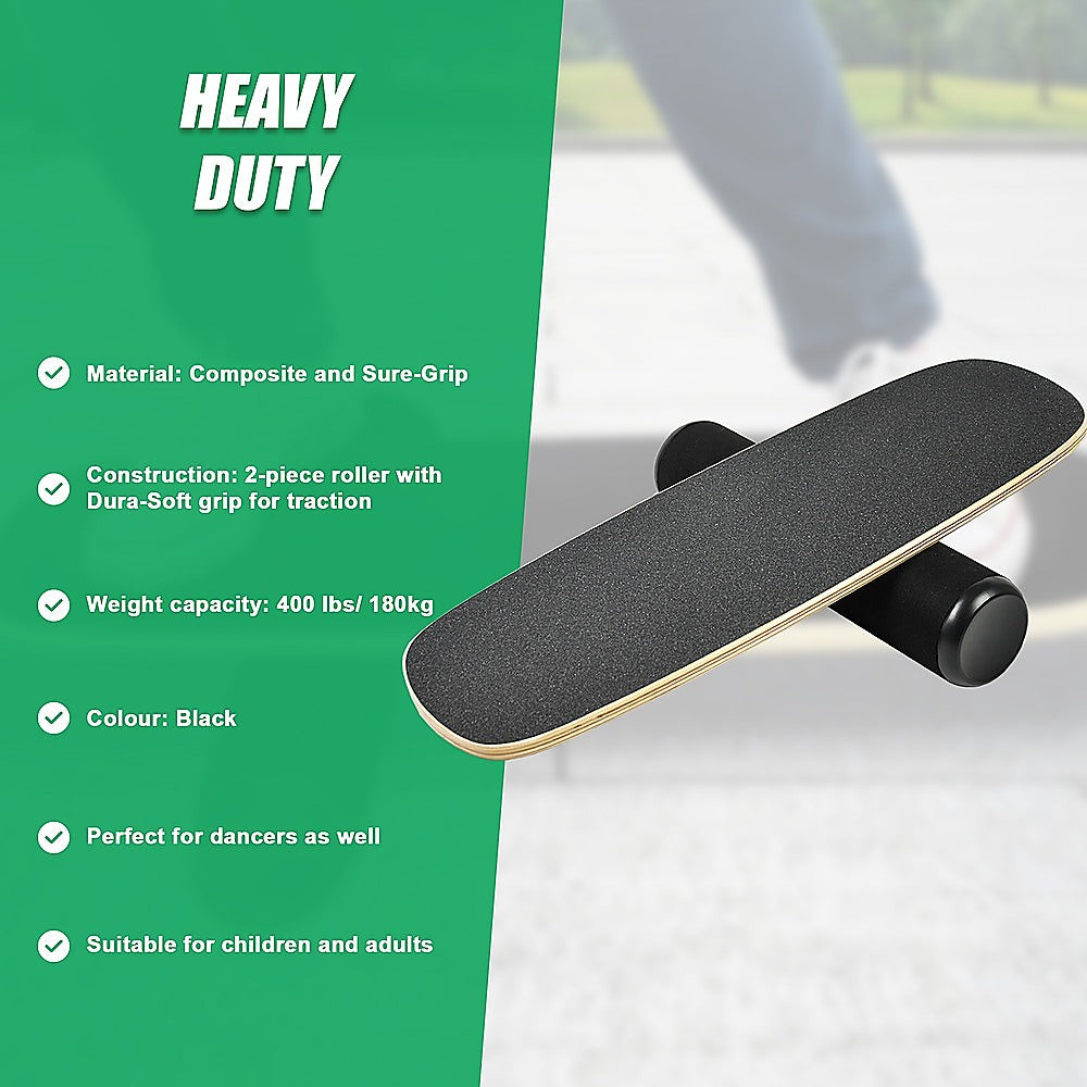 Online Fitness Depot balance board trainer with stopper and wobble roller for yoga, Pilates, and fitness exercises.