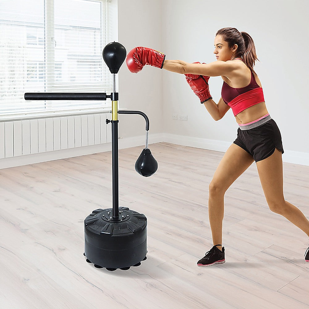 Free standing boxing reflex training dummy with speedball for boxing and martial arts practice, designed for fitness training.