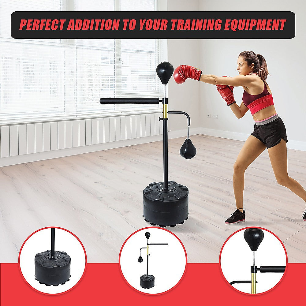 Free standing punching bag speedball for boxing and reflex training, black and red, designed for martial arts fitness workouts.