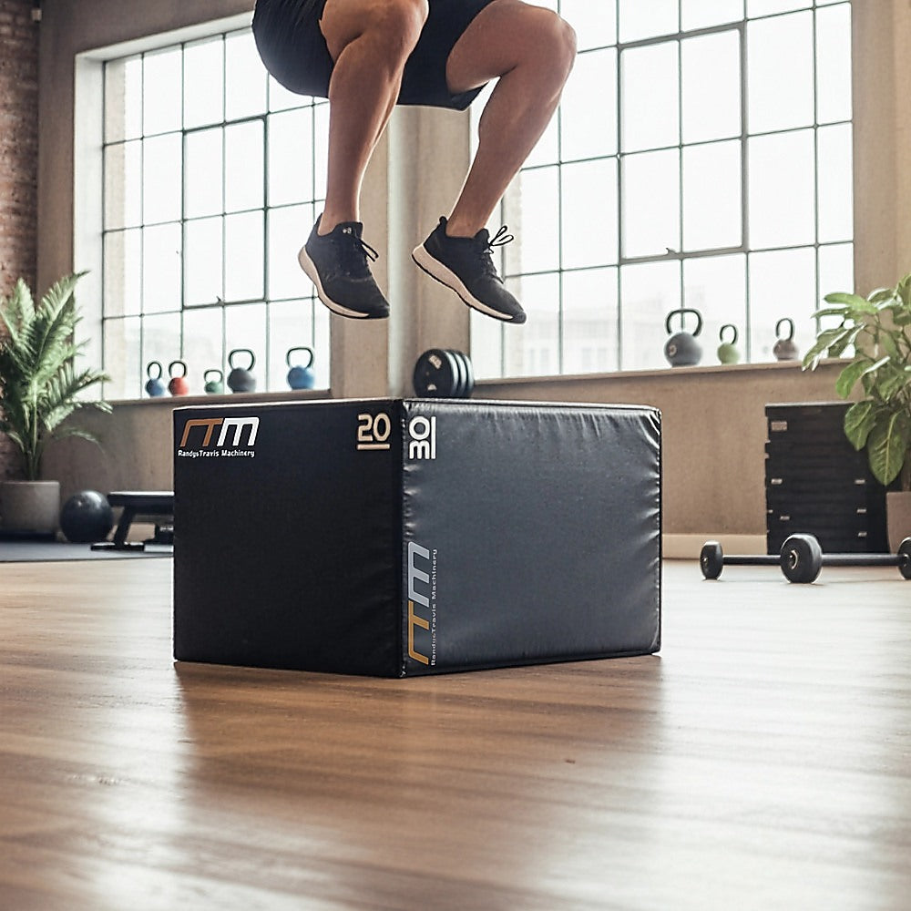 3-in-1 foam plyometric jump box from Online Fitness Depot for plyo exercises, with adjustable height and soft foam surface.