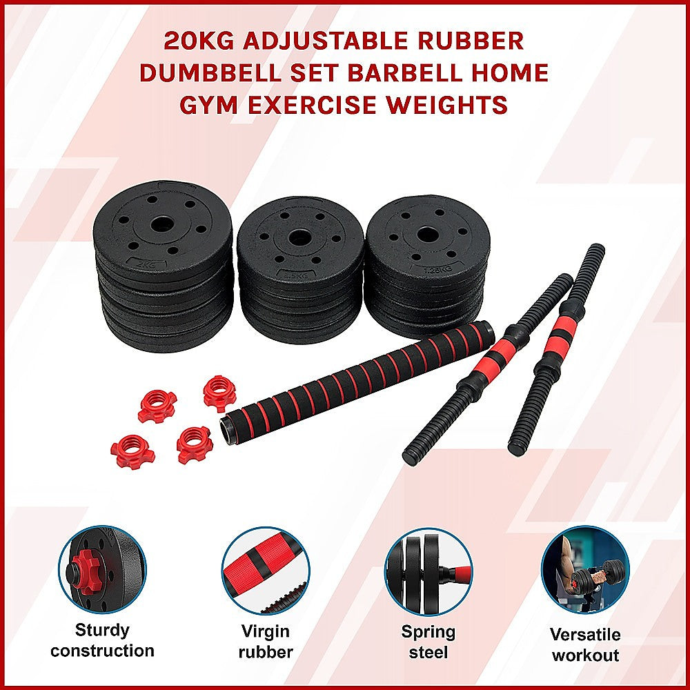 20kg adjustable rubber dumbbell set with barbell for home gym fitness, featuring weight plates and textured grip handles.