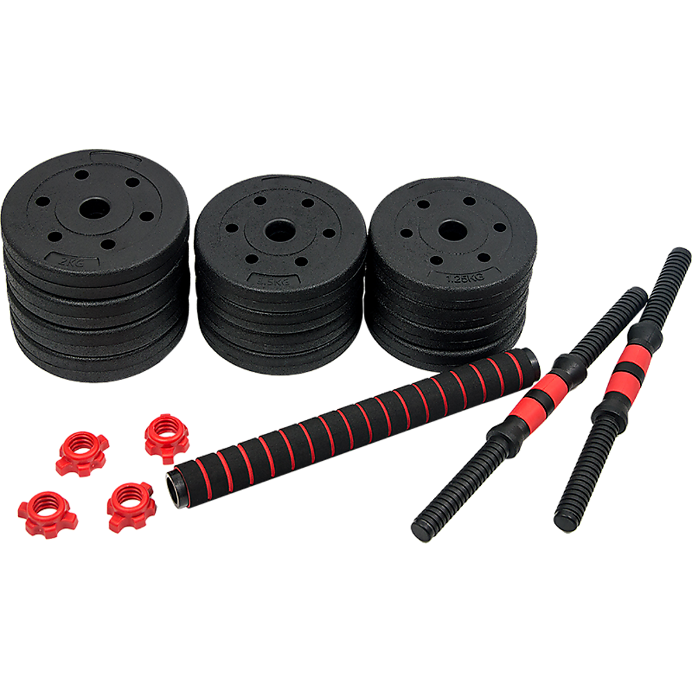 20kg adjustable rubber dumbbell set with barbell for home gym workouts, featuring weight plates and handle grips from Online Fitness Depot.