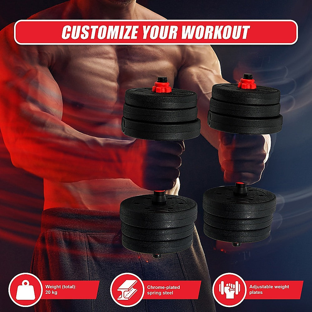 20kg adjustable rubber dumbbell set with barbell for home gym strength training, featuring weight plates and secure clamps.