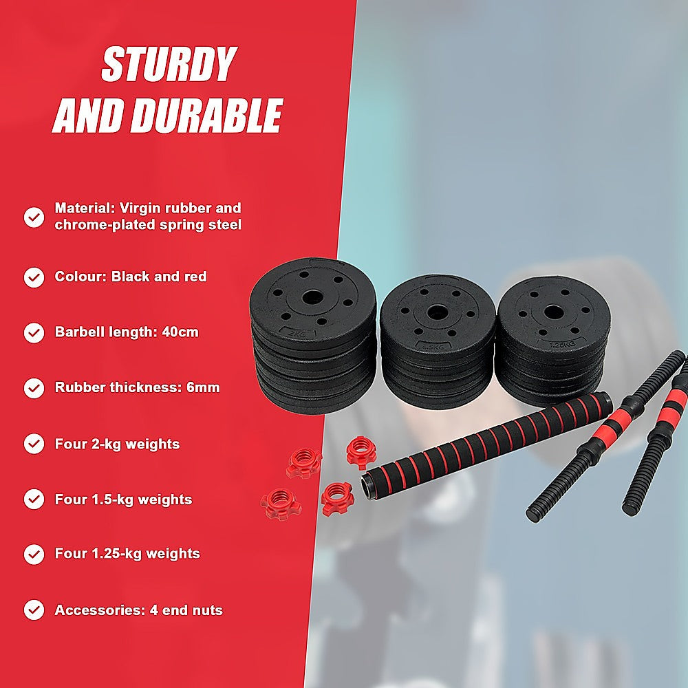 20kg adjustable rubber dumbbell set by Online Fitness Depot with barbell for home gym strength training and weightlifting.