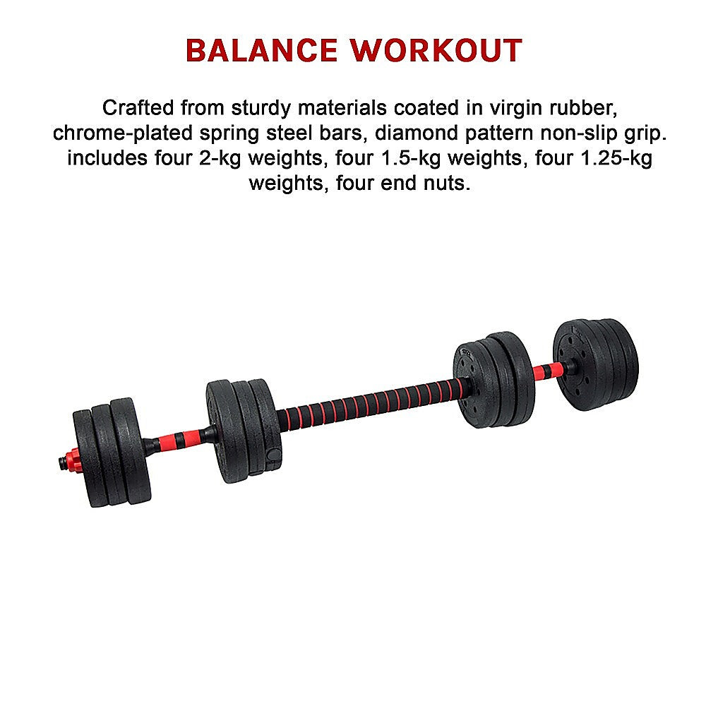 Adjustable 20kg rubber dumbbell set with barbell for home gym workouts, featuring weight plates and grip handles.