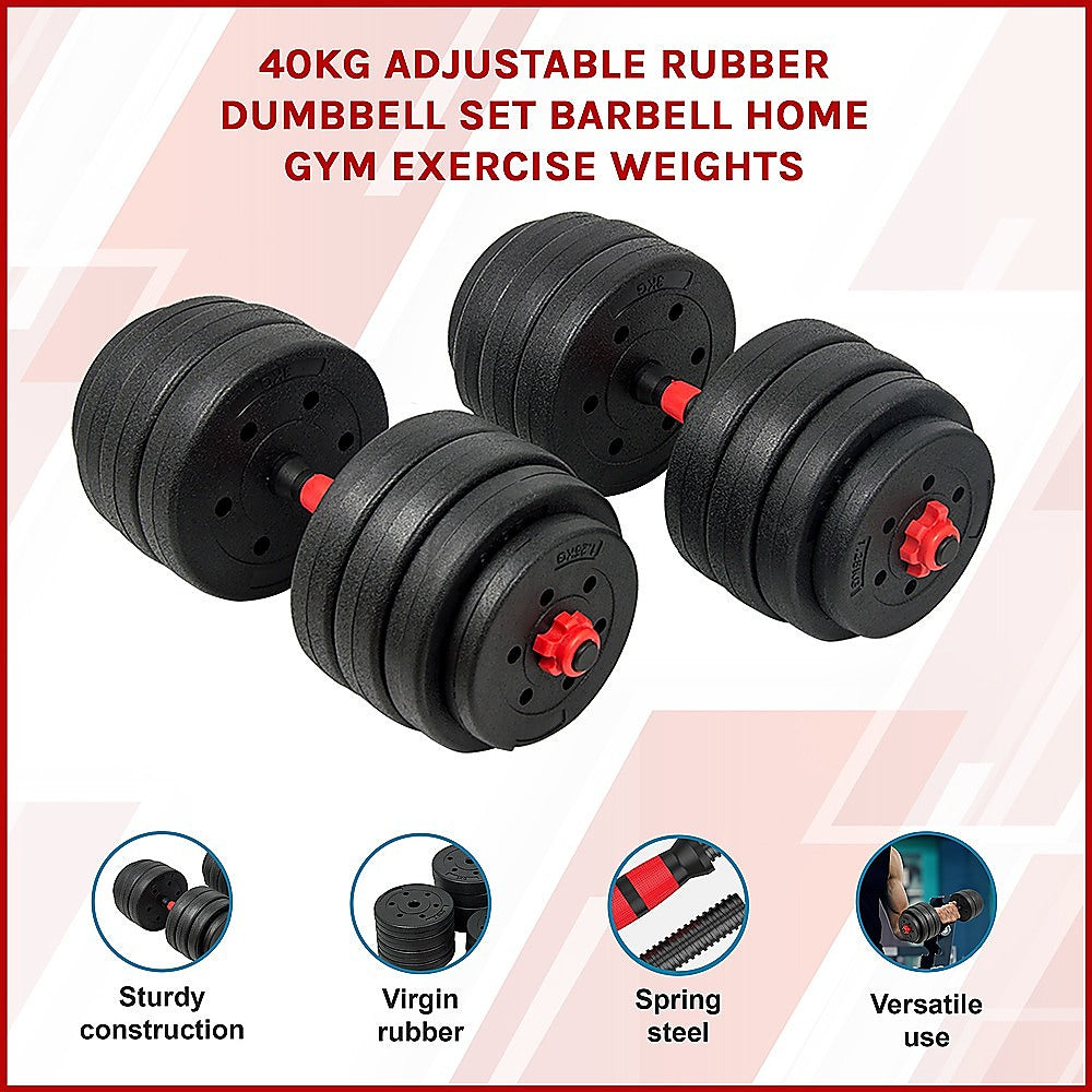 40kg adjustable rubber dumbbell set with barbell for home gym workouts, featuring weights and handles from Online Fitness Depot.