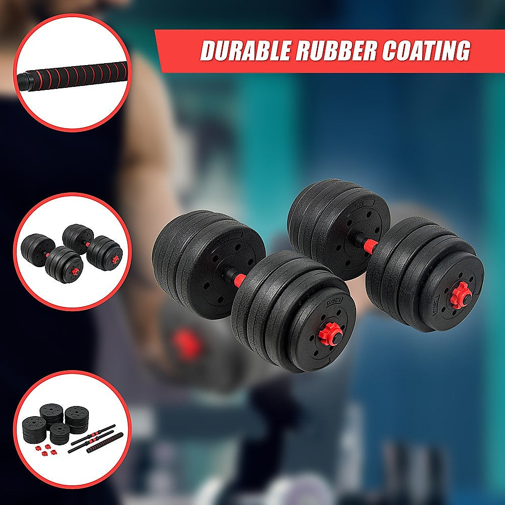 40kg adjustable rubber dumbbell set from Online Fitness Depot with barbell for home gym workouts and weightlifting exercises.