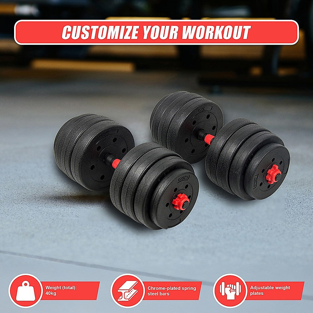40kg adjustable rubber dumbbell set with barbell for home gym workouts, featuring weight plates and grip handles.
