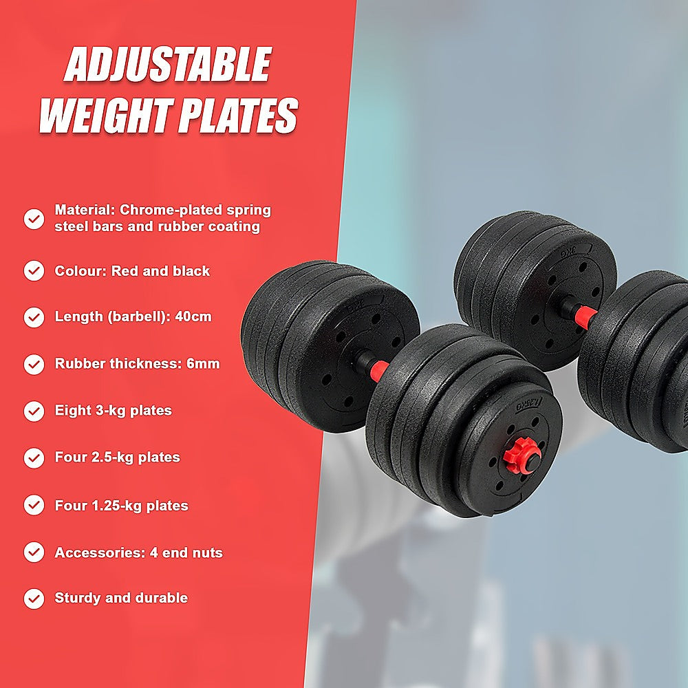 40kg adjustable rubber dumbbell set with barbell for home gym workout, featuring weight plates and handles from Online Fitness Depot.