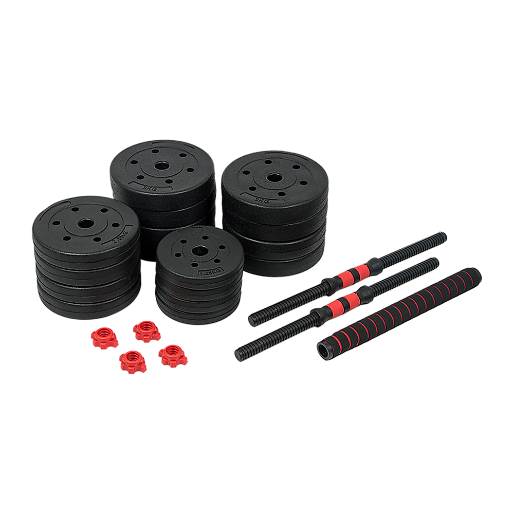 Adjustable 40kg rubber dumbbell set with barbell for home gym workouts, featuring weight plates and grip handles from Online Fitness Depot.