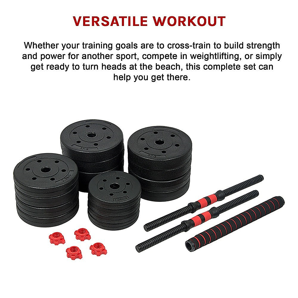 40kg adjustable rubber dumbbell set with barbell for home gym workouts, featuring weight plates and handle grips.