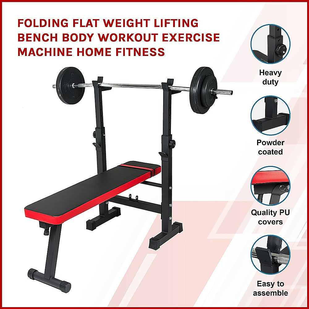 Online Fitness Depot folding flat weight lifting bench for home gym workouts, adjustable exercise equipment for strength training.