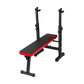 Online Fitness Depot folding flat weight lifting bench for home workouts, featuring adjustable support and sturdy steel frame.
