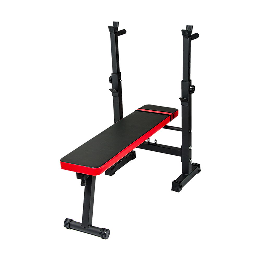Online Fitness Depot folding flat weight lifting bench for home workouts, featuring adjustable support and sturdy steel frame.