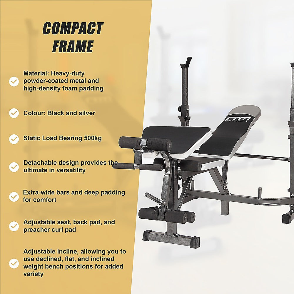 Multi station home gym weight bench with leg press and fitness equipment from Online Fitness Depot, ideal for full-body workouts.