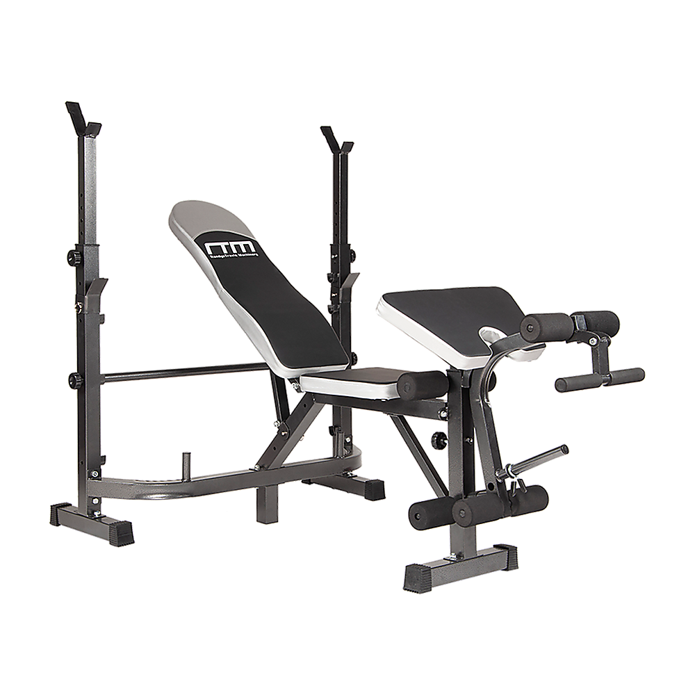 Multi station home gym weight bench with leg press and fitness accessories from Online Fitness Depot, ideal for full-body workouts.