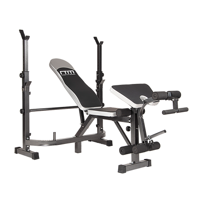 Multi station home gym weight bench with leg press and fitness accessories from Online Fitness Depot, ideal for full-body workouts.