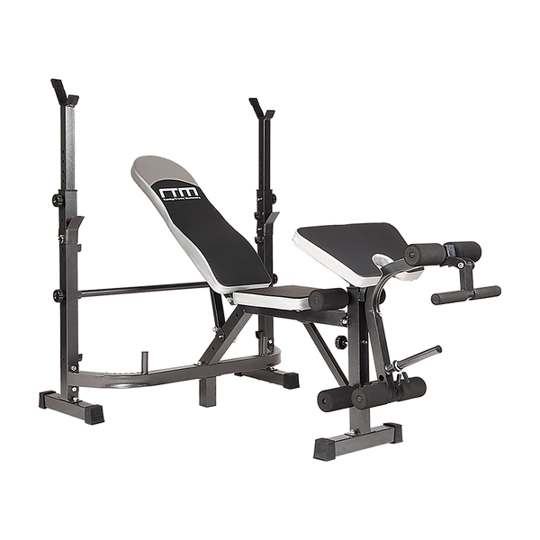 Multi station home gym weight bench with leg press and fitness accessories from Online Fitness Depot, ideal for full-body workouts.