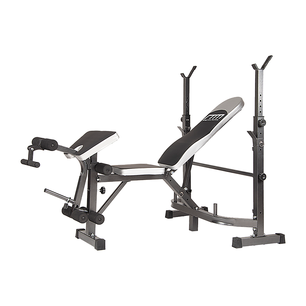 Online Fitness Depot multi station home gym with weight bench, leg press, and exercise equipment for full-body workouts.