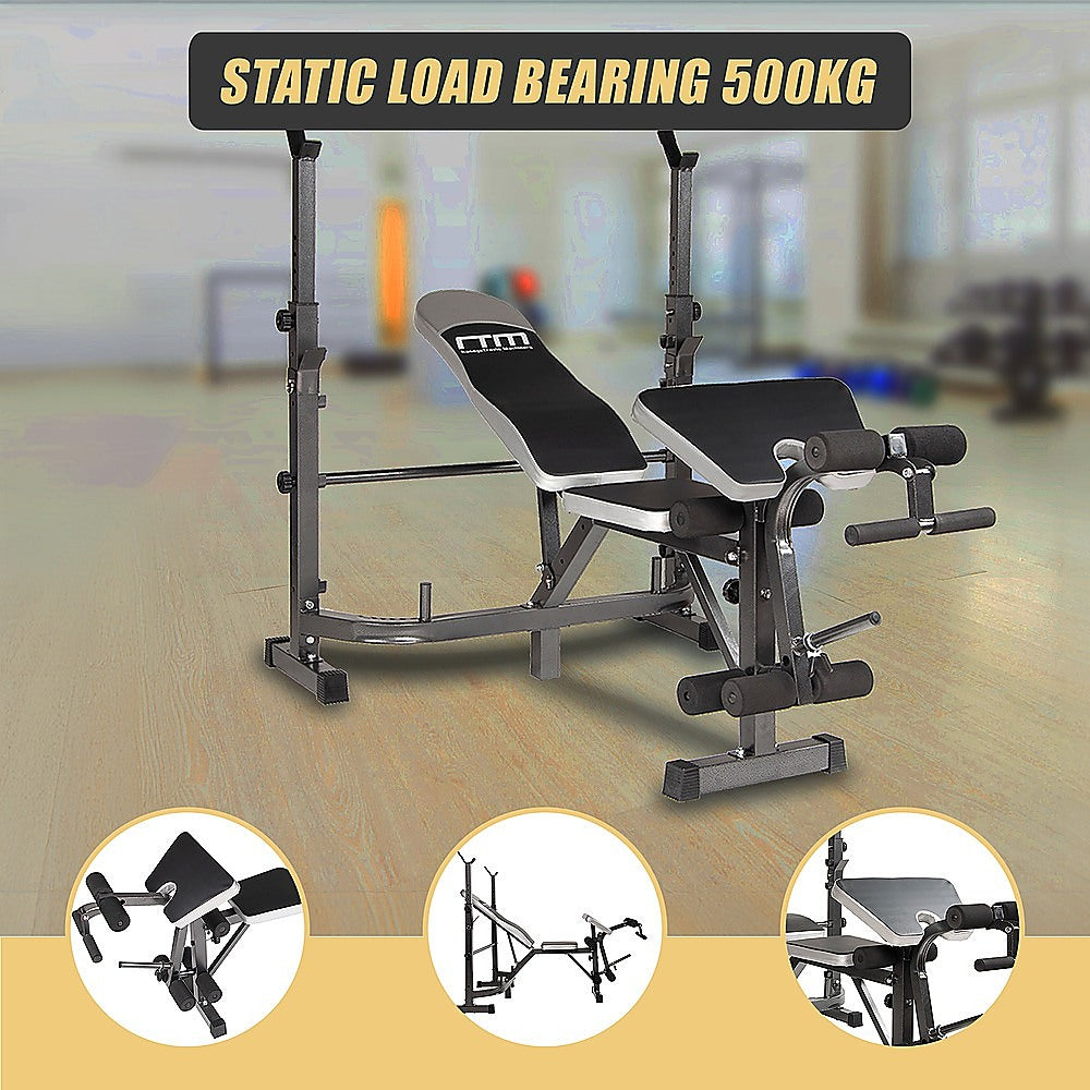 Online Fitness Depot multi station home gym with weight bench, leg press, and exercise equipment for full-body workout.