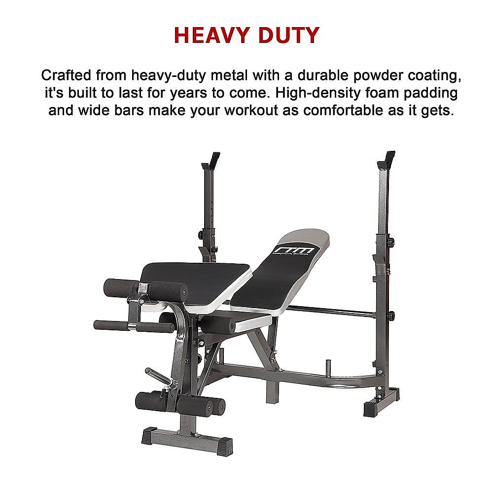 Online Fitness Depot multi-station home gym weight bench with leg press and exercise equipment for full-body workouts.