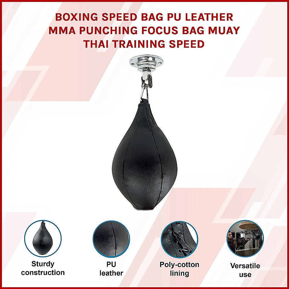 PU leather boxing speed bag for MMA and Muay Thai training, designed for focus and quick punching practice.