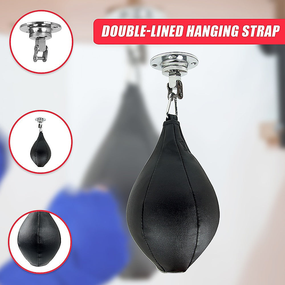 PU leather boxing speed bag for MMA and Muay Thai training, used for improving punching speed and focus.