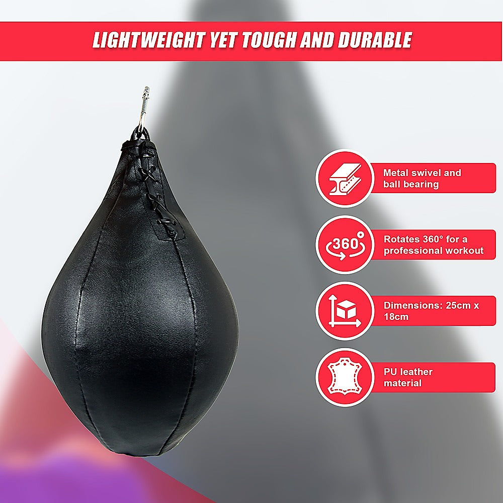 PU leather boxing speed bag for MMA and Muay Thai training, designed for focus and punch speed practice.