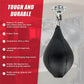 PU leather boxing speed bag for MMA and Muay Thai training, shown hanging with focus on durable surface and compact size.