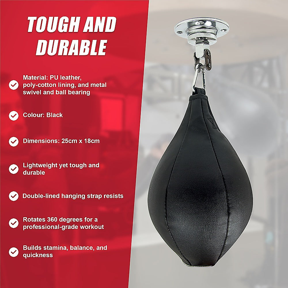 PU leather boxing speed bag for MMA and Muay Thai training, shown hanging with focus on durable surface and compact size.