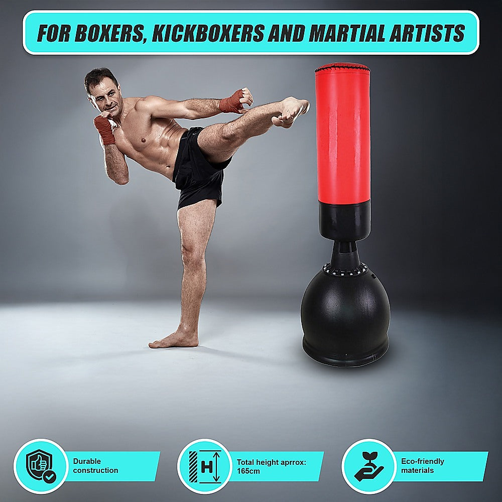Free-standing 165cm boxing punching bag by Online Fitness Depot for boxing and martial arts training in home gym setup.