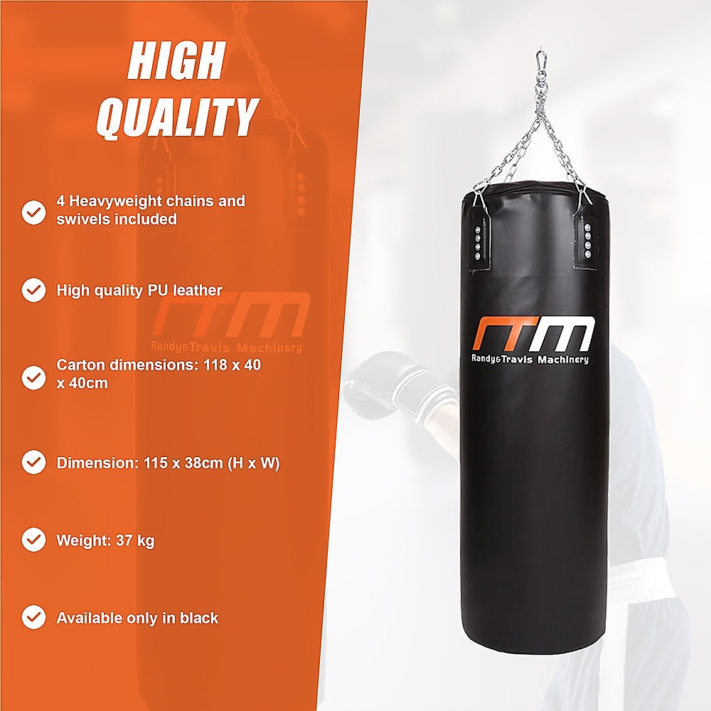 Heavy-duty 37kg boxing punching bag from Online Fitness Depot, filled and ready for martial arts or gym training sessions.