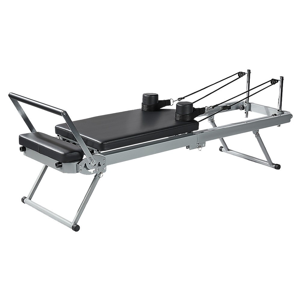 Foldable Pilates Reformer Machine by Online Fitness Depot for yoga and Pilates workouts, featuring a compact design and adjustable resistance.