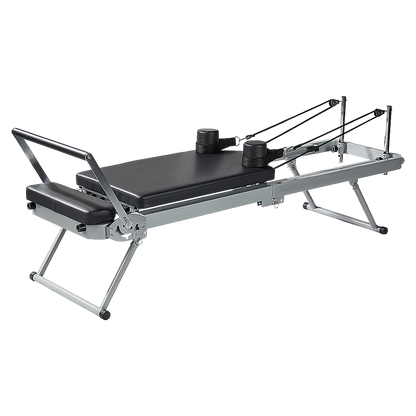 Foldable Pilates Reformer Machine by Online Fitness Depot for yoga and Pilates workouts, featuring a compact design and adjustable resistance.