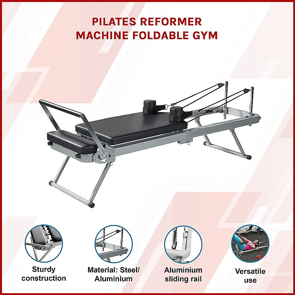 Foldable Pilates Reformer Machine by Online Fitness Depot with adjustable resistance and cushioned carriage for home gym workouts.