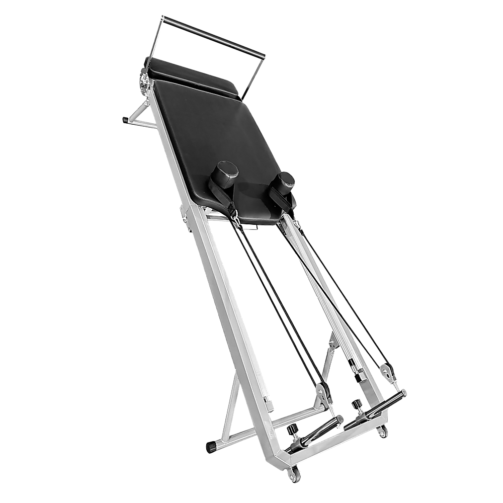 Foldable Pilates Reformer Machine by Online Fitness Depot, showing a compact gym equipment for yoga and Pilates workouts.
