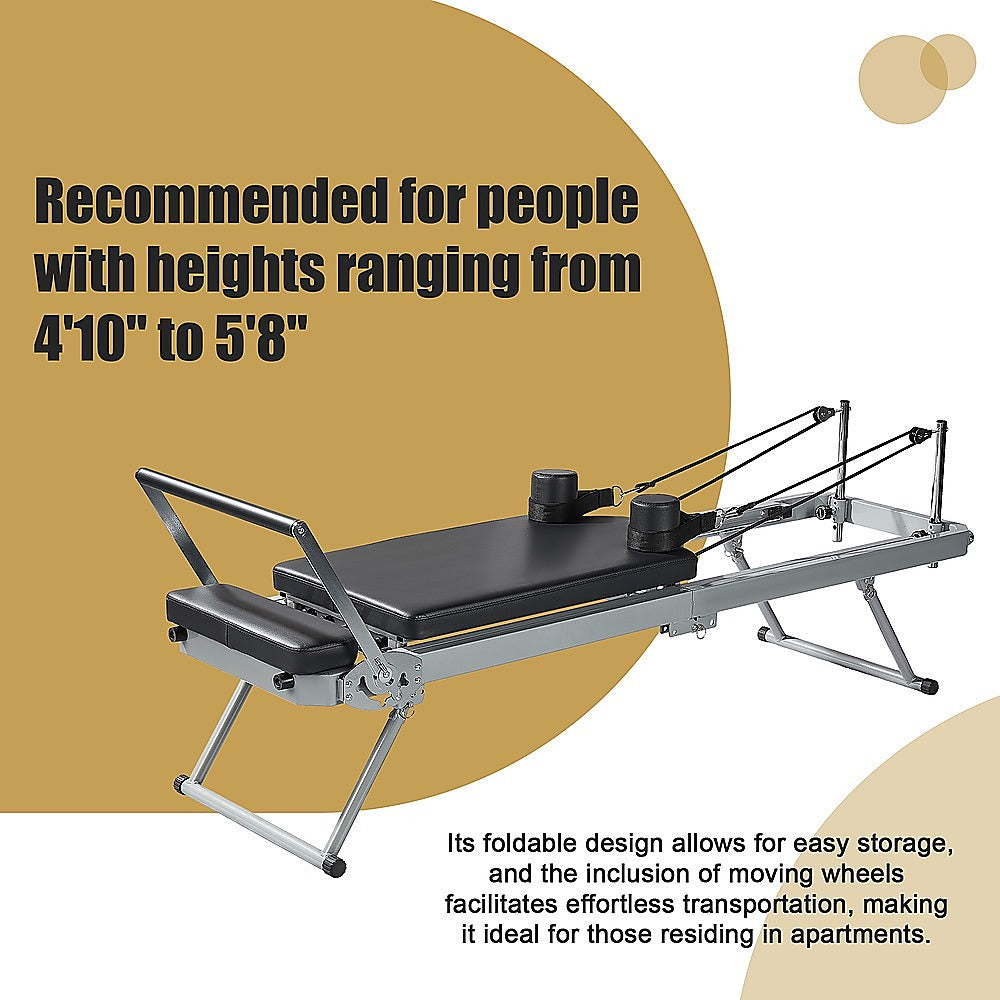 Foldable Pilates Reformer Machine by Online Fitness Depot, showing the compact design and padded platform for yoga and Pilates workouts.