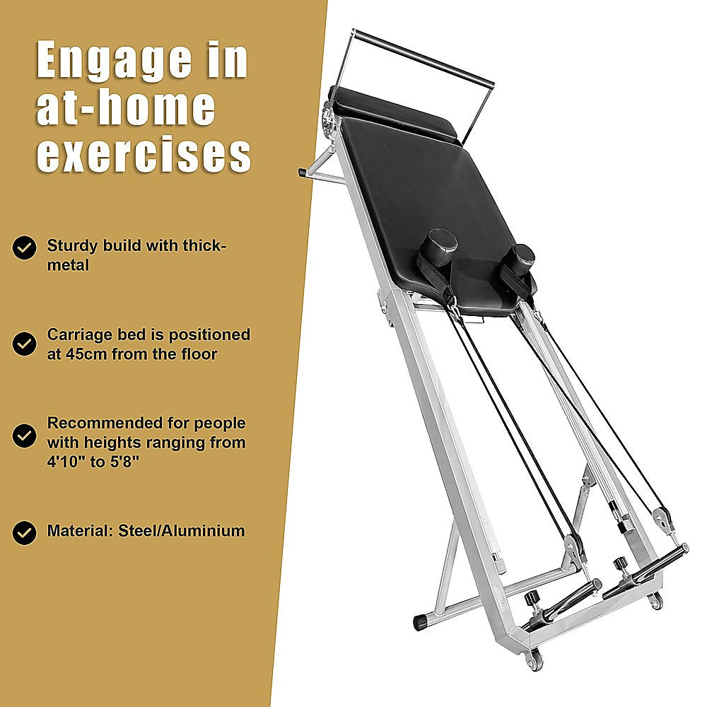 Foldable Pilates Reformer Machine from Online Fitness Depot with adjustable resistance and padded carriage for home gym workouts.