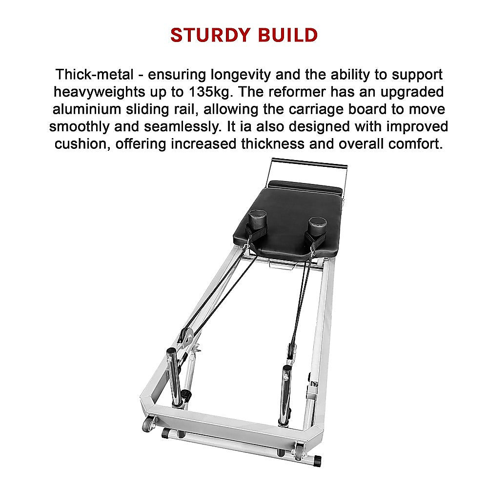Foldable Pilates Reformer Machine by Online Fitness Depot, compact exercise equipment for yoga and Pilates workouts.