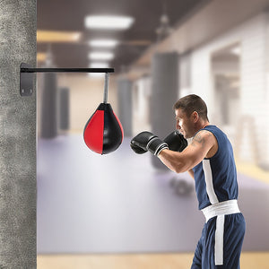 Speed bag boxing punch bag wall mount for reflex training, shown hanging on a wall with a speed ball and mounting hardware.