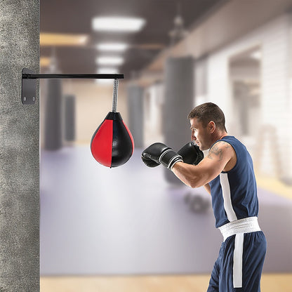 Speed bag boxing punch bag wall mount for reflex training, shown hanging on a wall with a speed ball and mounting hardware.